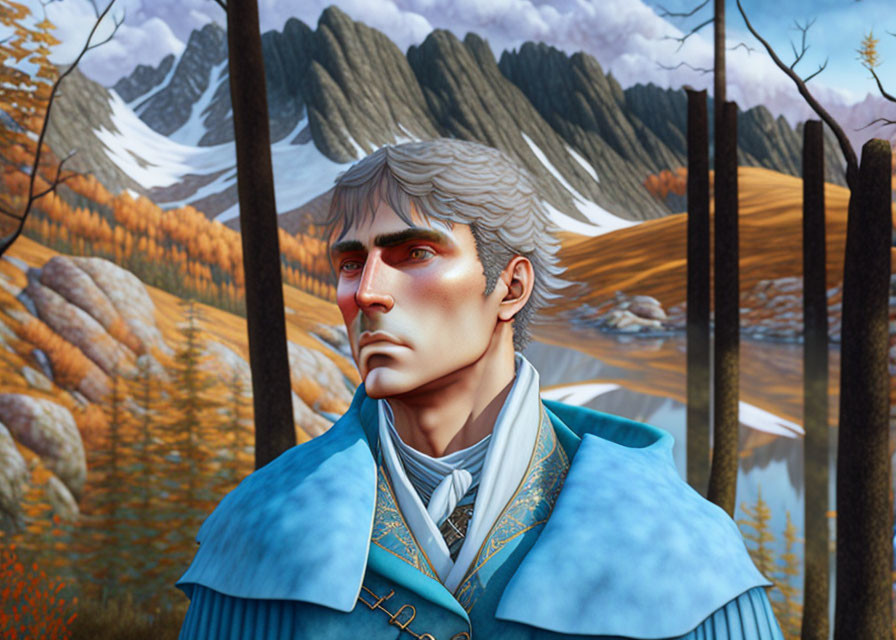 Grey-Haired Man in Blue Coat Against Autumnal Forest Backdrop