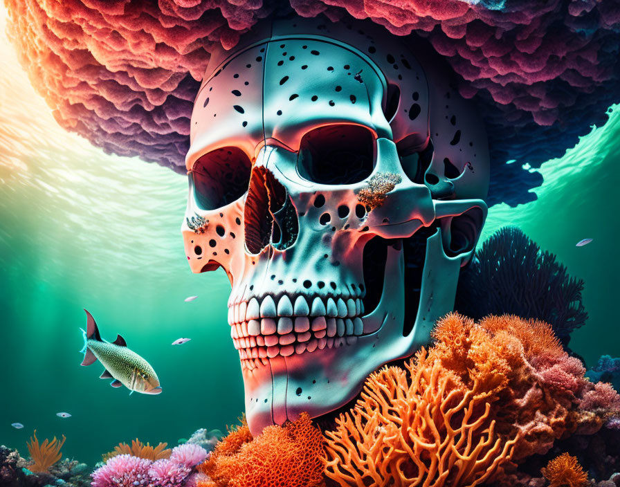 Colorful Coral Reef and Skull in Surreal Underwater Scene