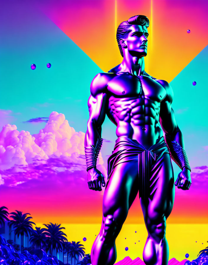 Muscular figure in retro-futuristic setting with neon sunset palette