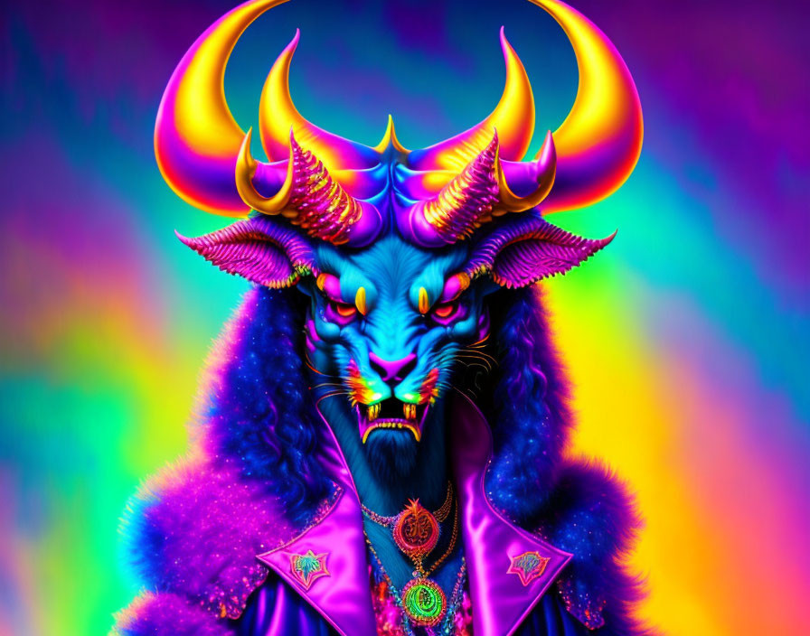 Colorful Psychedelic Lion Creature with Golden Horns in Purple Jacket