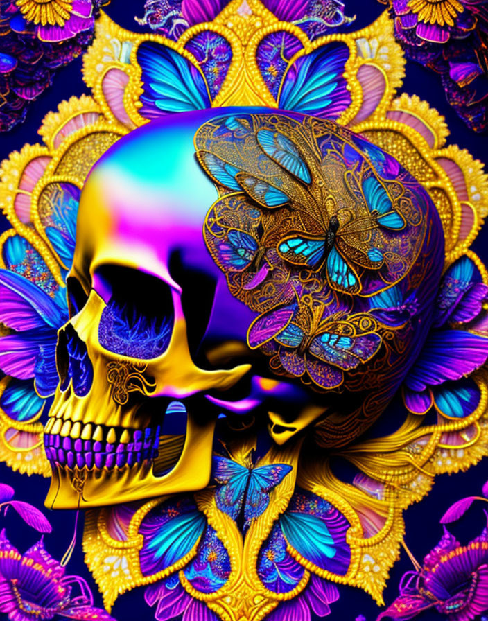 Colorful digital art: Golden skull with butterfly wings and floral patterns