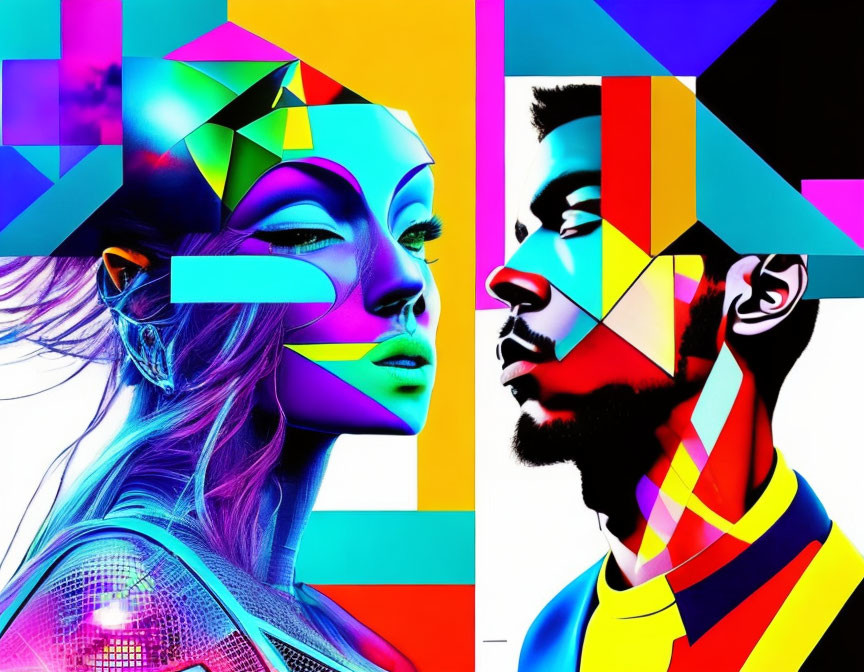 Vibrant male and female profile faces in graphic art with colorful shapes