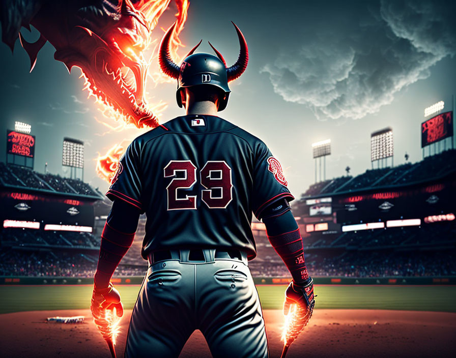 Baseball player in horned helmet confronts fiery dragon in stadium setting