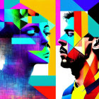 Vibrant male and female profile faces in graphic art with colorful shapes