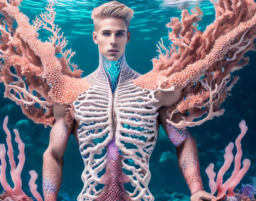 Artistic makeup and ornate coral costume underwater with pink coral reefs