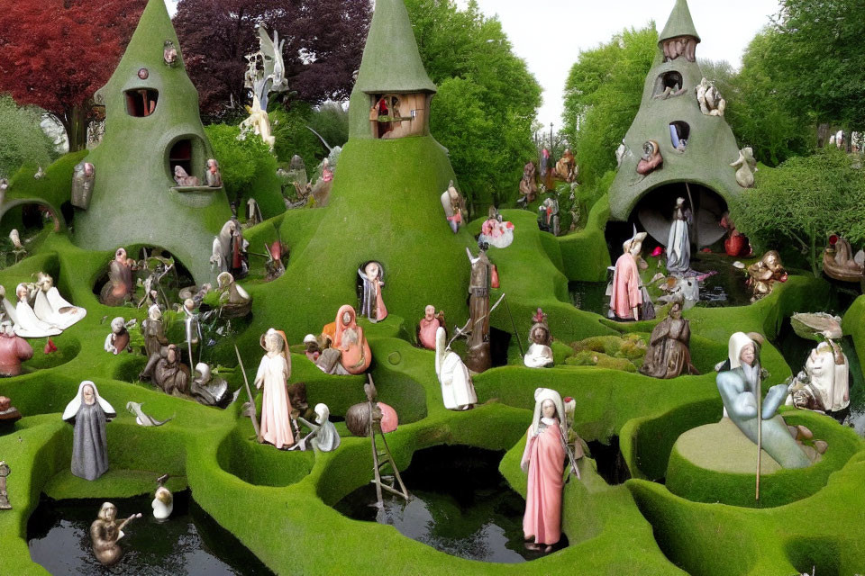 Whimsical garden with character statues and topiary mounds