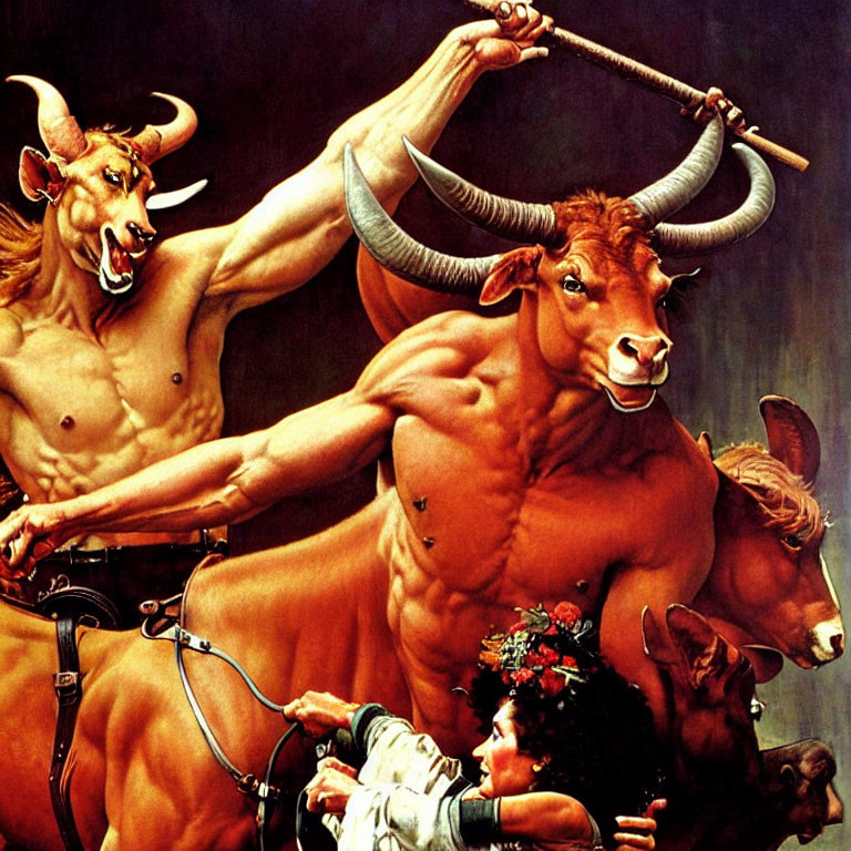 Mythical Bull-Like Figures Interacting in Vibrant Painting