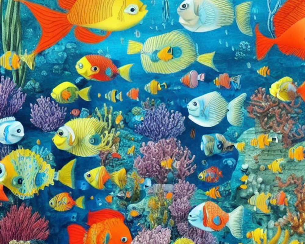 Vibrant underwater scene with colorful tropical fish and coral reefs