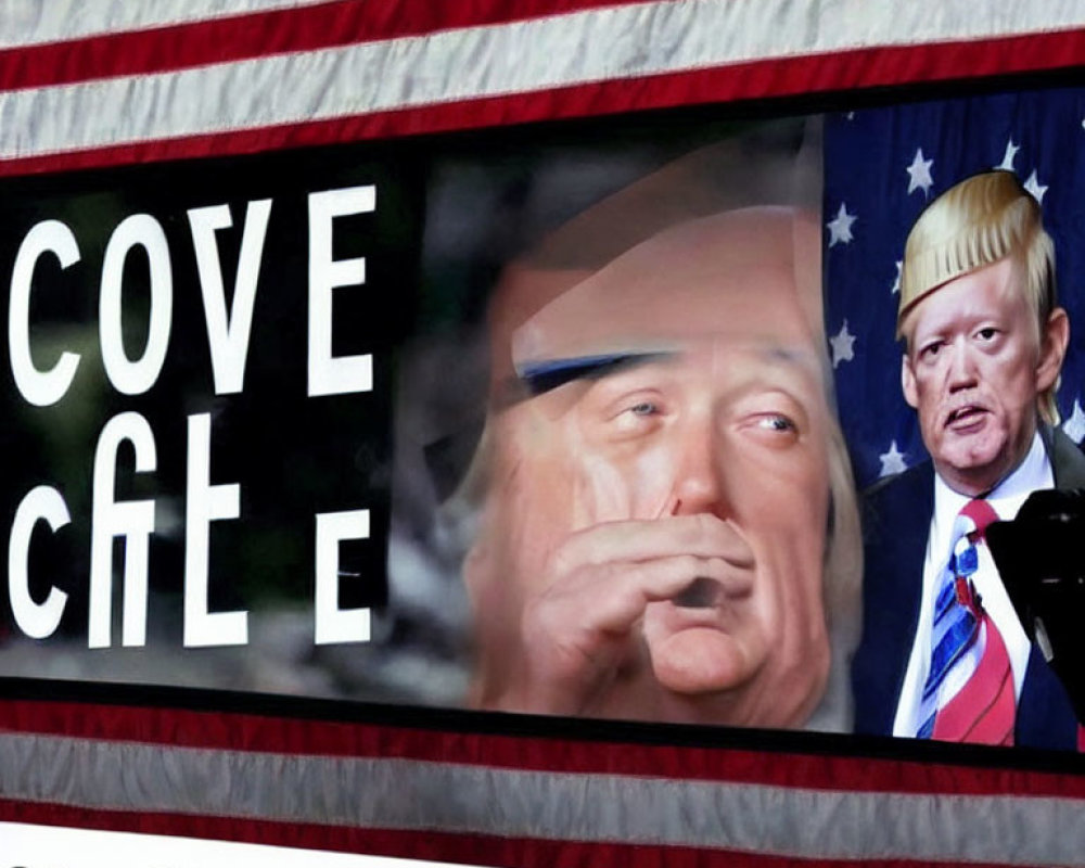 Mixed Media Artwork: American Flag & Man's Face with "COVE CALE" Sign