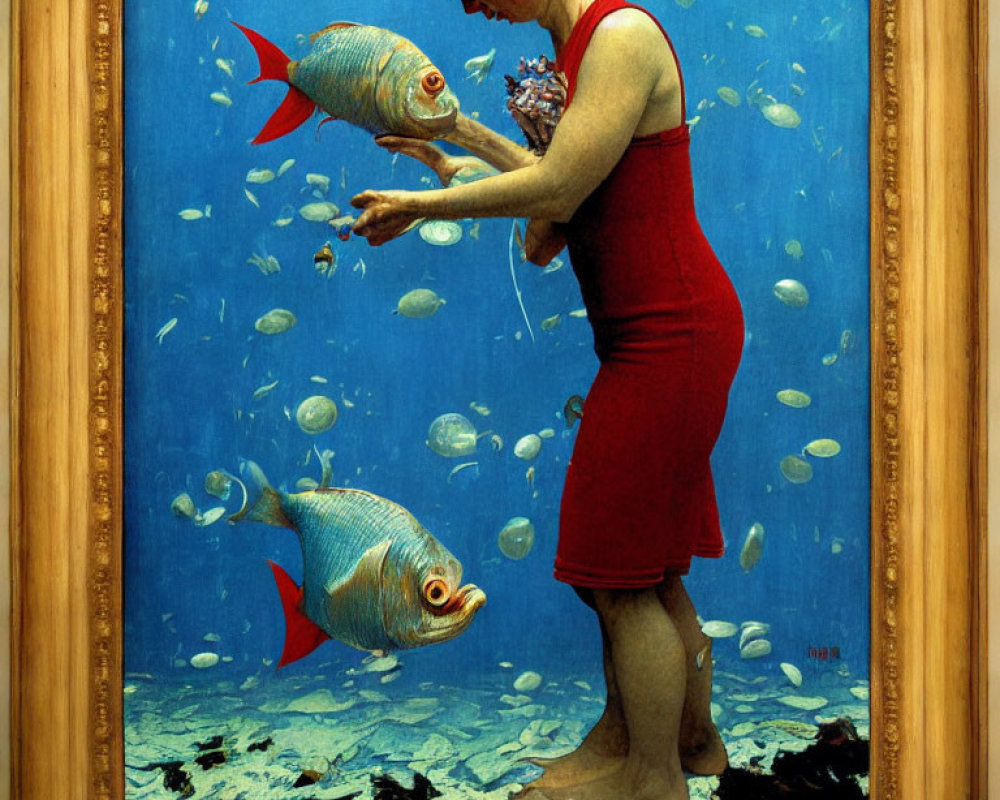 Surreal painting of woman in red dress underwater with fish