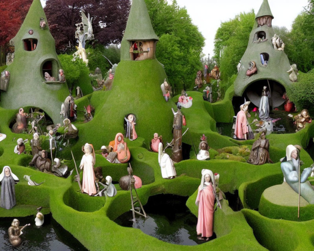 Whimsical garden with character statues and topiary mounds