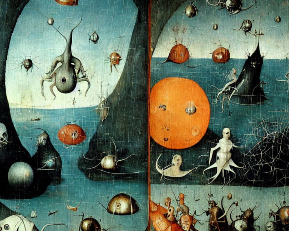 Fantastical Creatures in Split Environment with Dark Blue and Orange Background