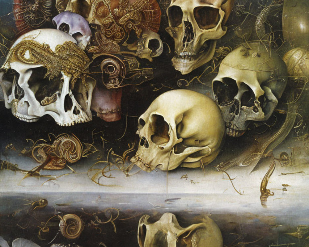 Surrealistic Painting: Skulls, Mechanical Parts, Fantastical Creatures