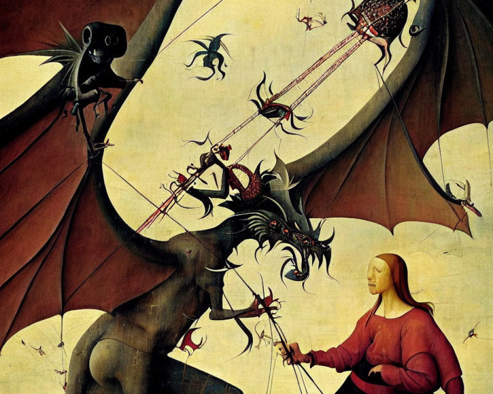 Surreal artwork featuring central figure tethered to winged demons