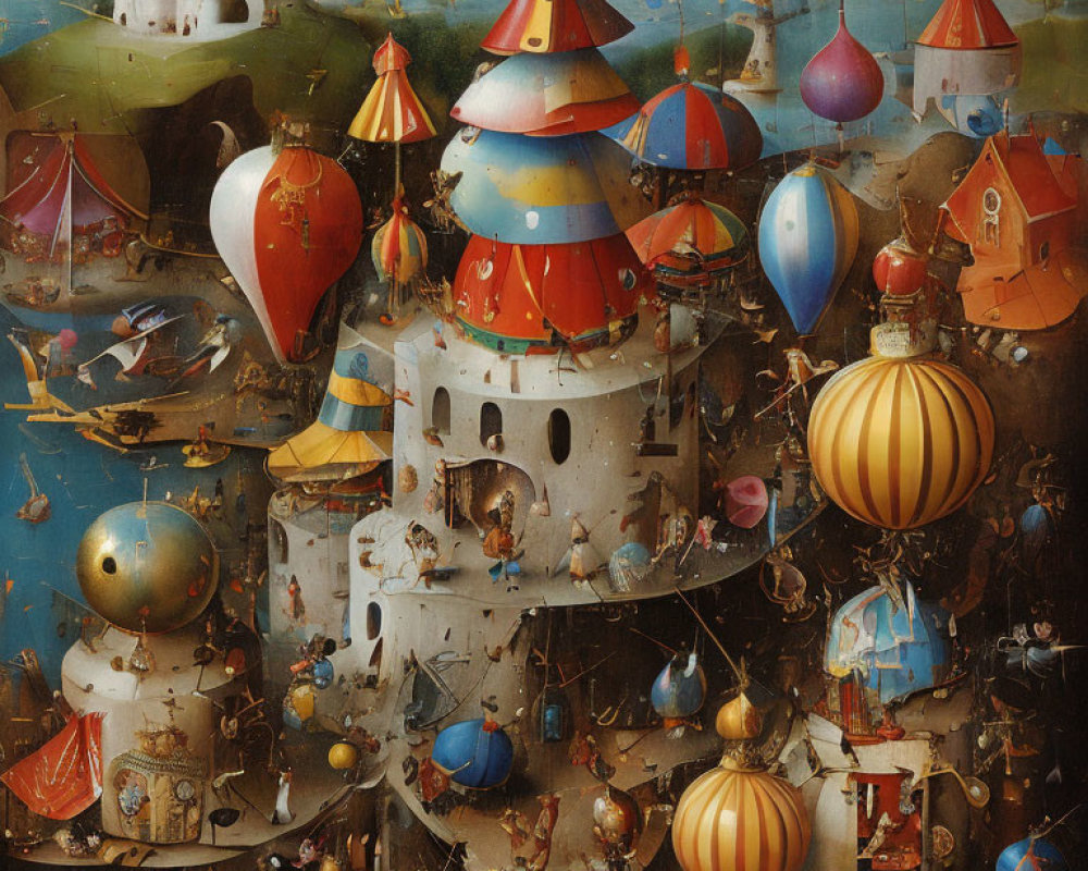 Surreal painting: Floating castle with colorful turrets and airborne ships