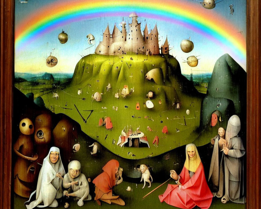 Surreal painting featuring castle, rainbow, bizarre creatures, and robed figures