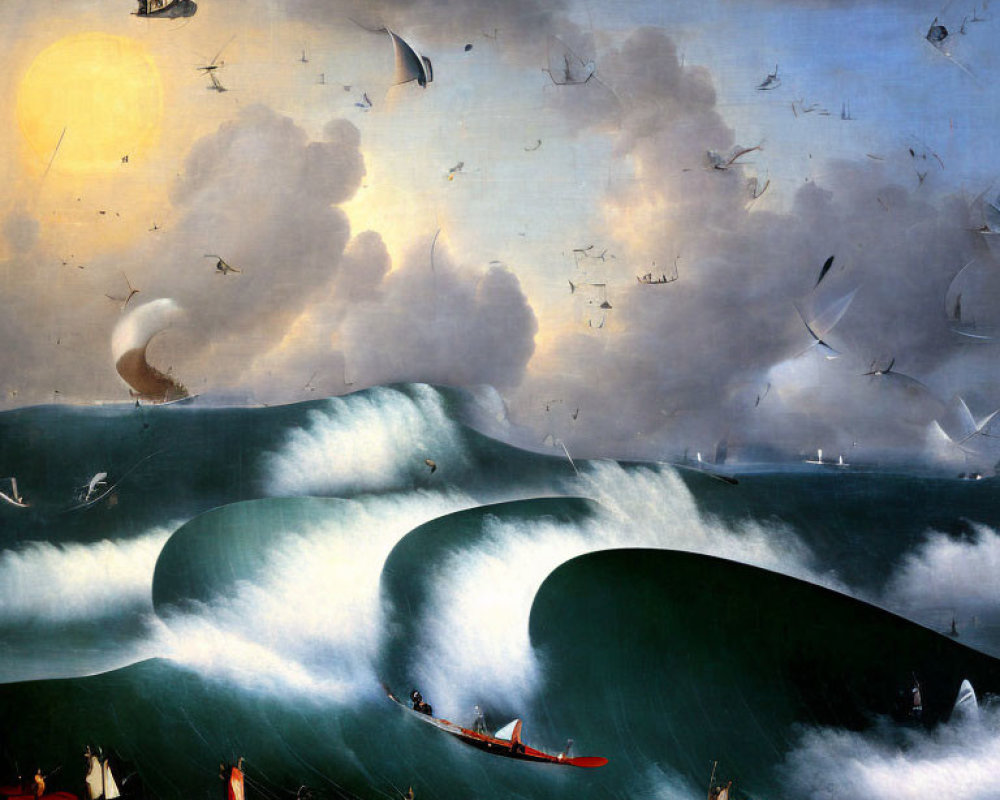 Maritime painting with large waves, vessels, birds, sun, and storm clouds