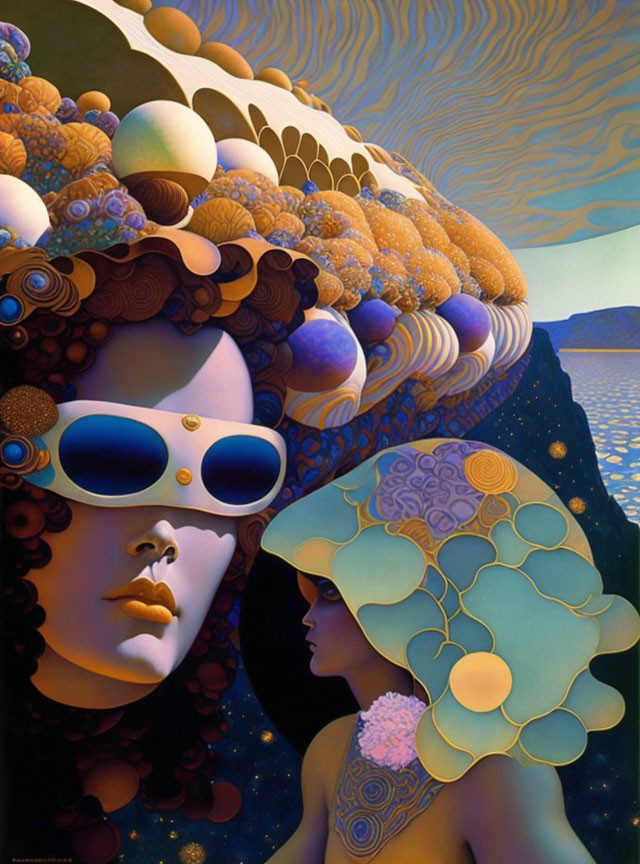 Surrealist artwork with stylized faces and celestial patterns