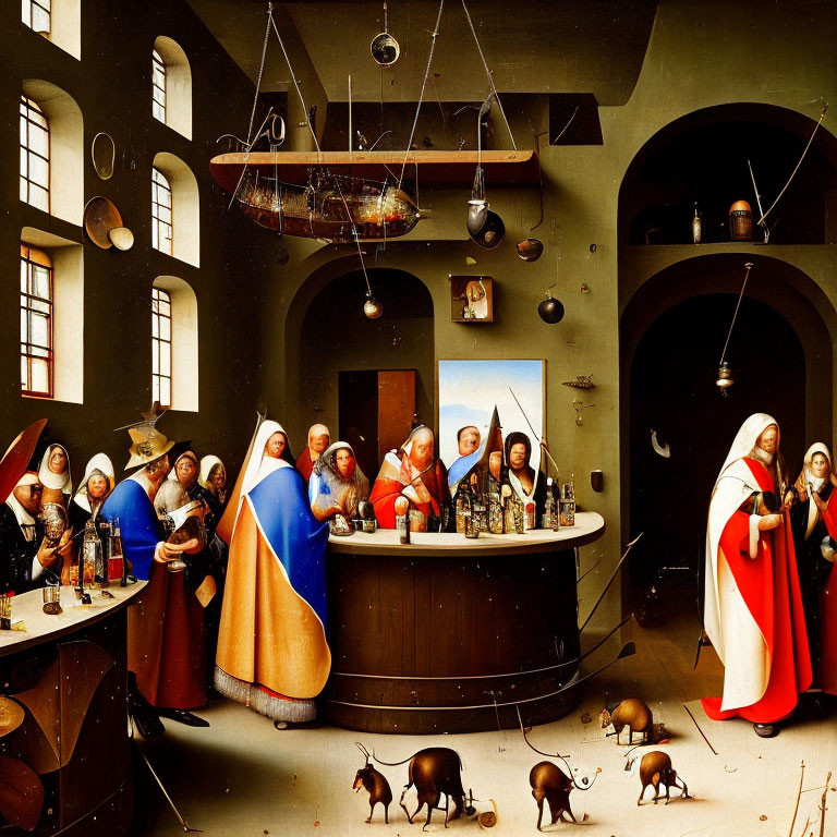 Detailed painting of robed figures in alchemical experiments