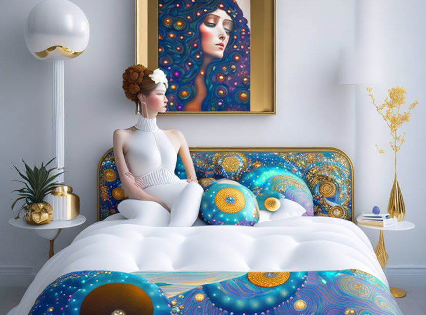 Surreal cosmic-themed modern room with mannequin on bed and woman's face painting