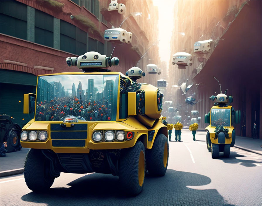 Yellow futuristic vehicle with small screen-faced robots and a large robot with a potted plant in a city