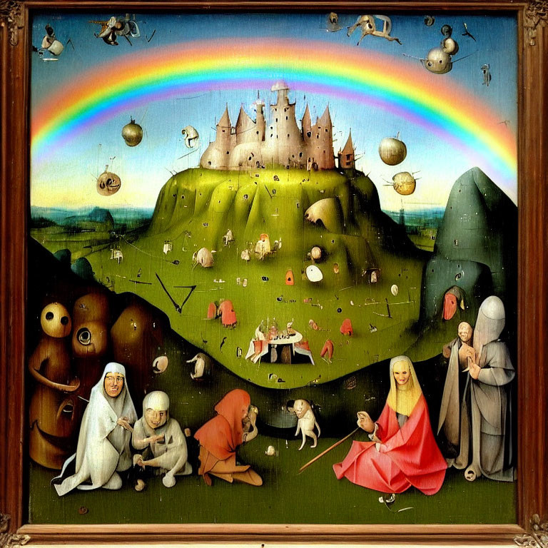 Surreal painting featuring castle, rainbow, bizarre creatures, and robed figures