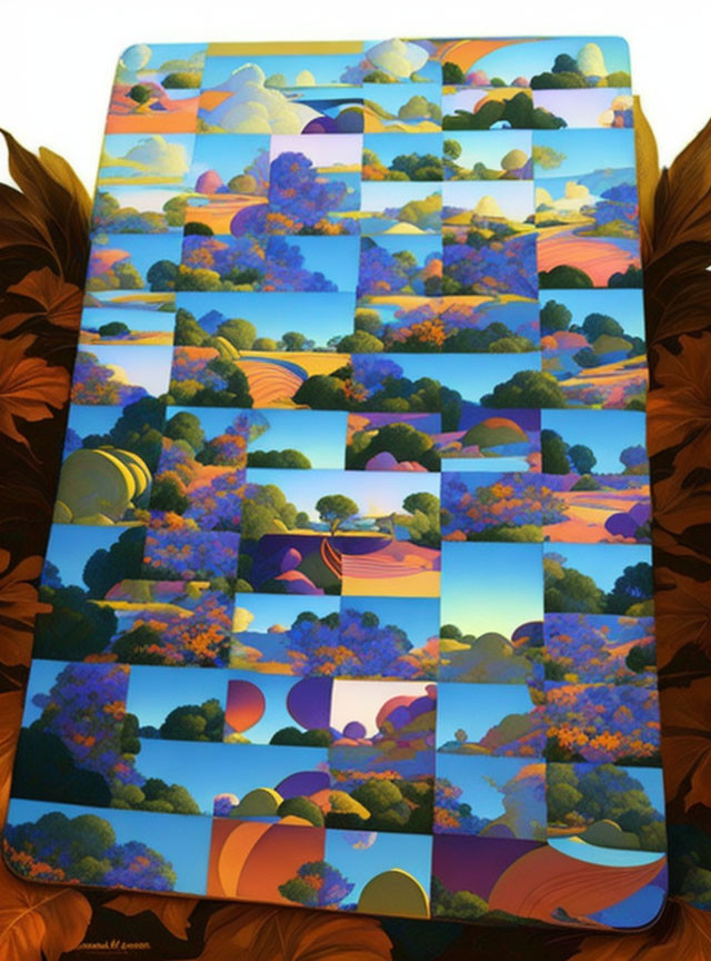 Scenic landscape collage on canvas with hills, trees, water, and sunsets in warm colors