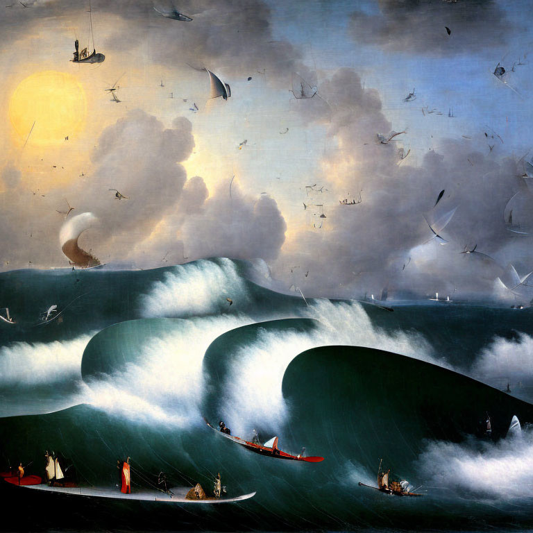 Maritime painting with large waves, vessels, birds, sun, and storm clouds