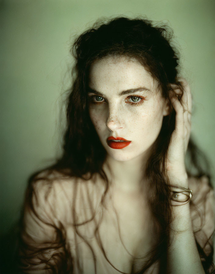 Portrait of Woman with Red Lipstick and Tousled Hair