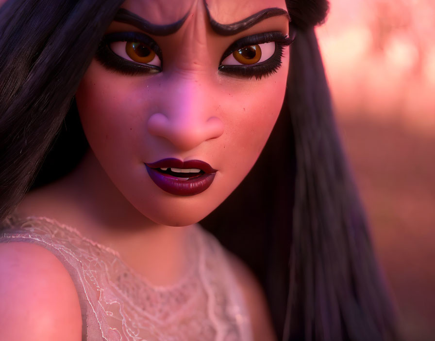 Detailed close-up of dark-haired animated female character with purple lipstick and striking eyelashes on soft pink backdrop