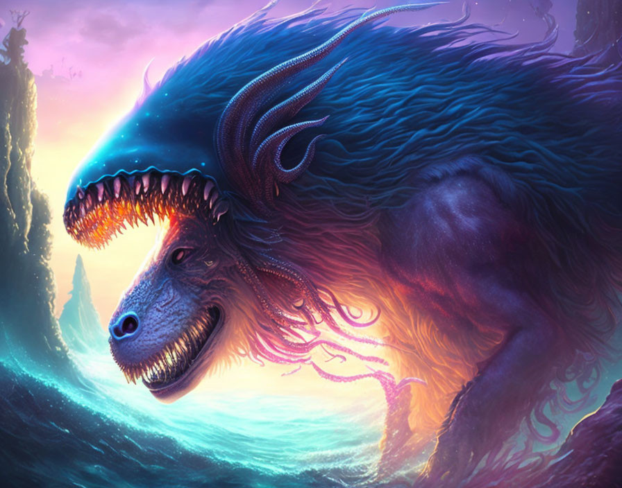 Mythical creature with furry body and sharp-toothed grin in vibrant twilight sky