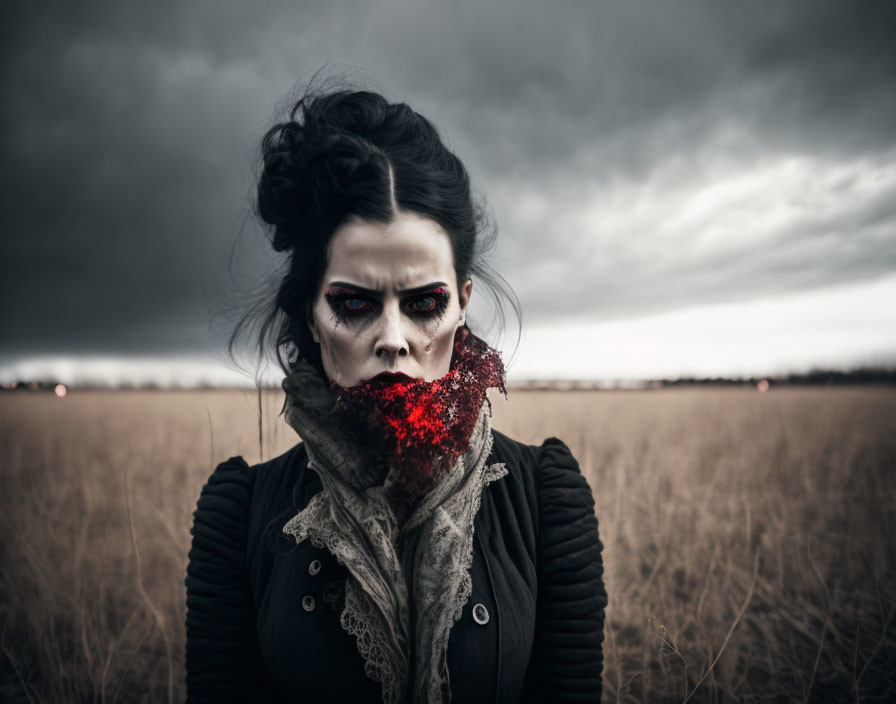 Person with dramatic skull makeup in desolate field under cloudy sky