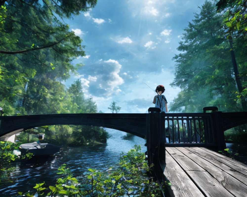 Tranquil scene of person fishing on wooden bridge by lush river