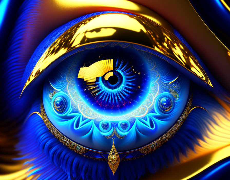 Intricate blue and gold eye artwork with feather-like details