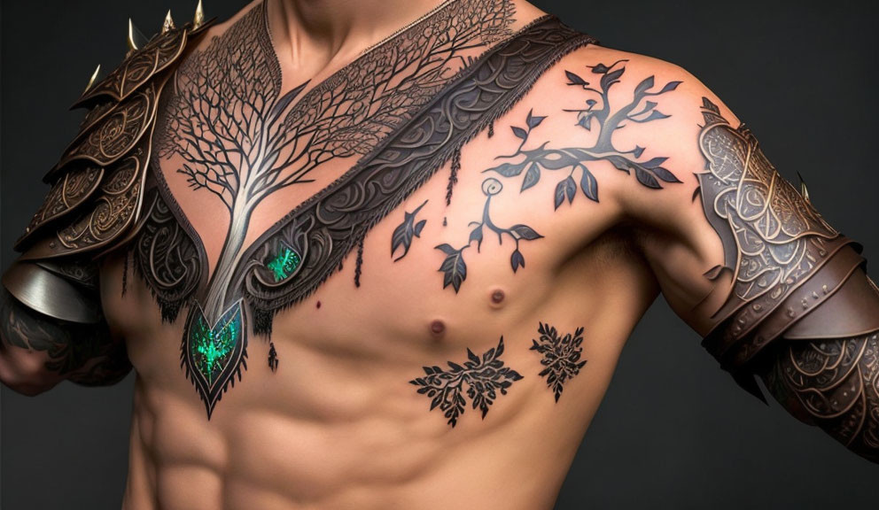 Tattooed man with tree-themed chest and arm ink, wearing fantasy bracers