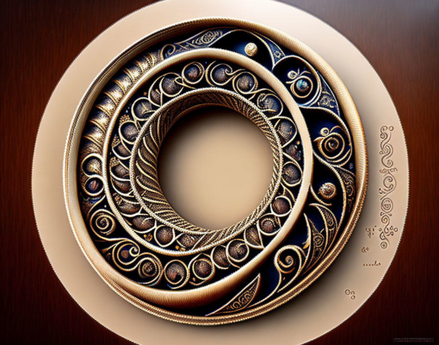 Circular golden spiral design with gemstones on wooden background