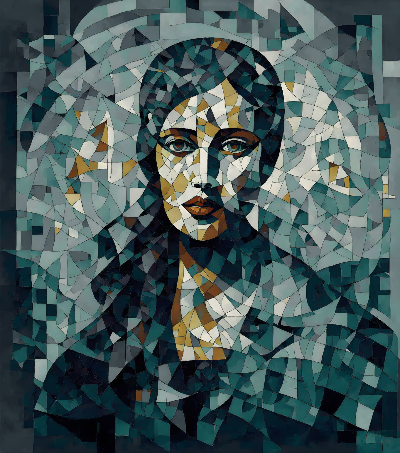 Abstract Geometric Woman's Face Mosaic in Green, Blue, and Brown