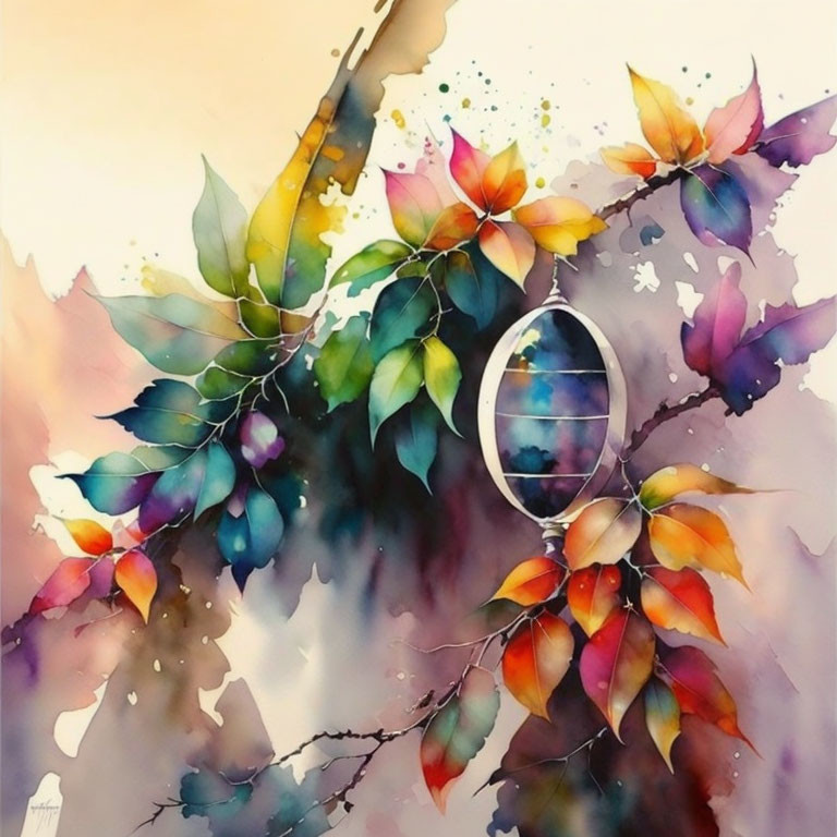 Colorful Watercolor Painting of Branch and Nebula Reflection