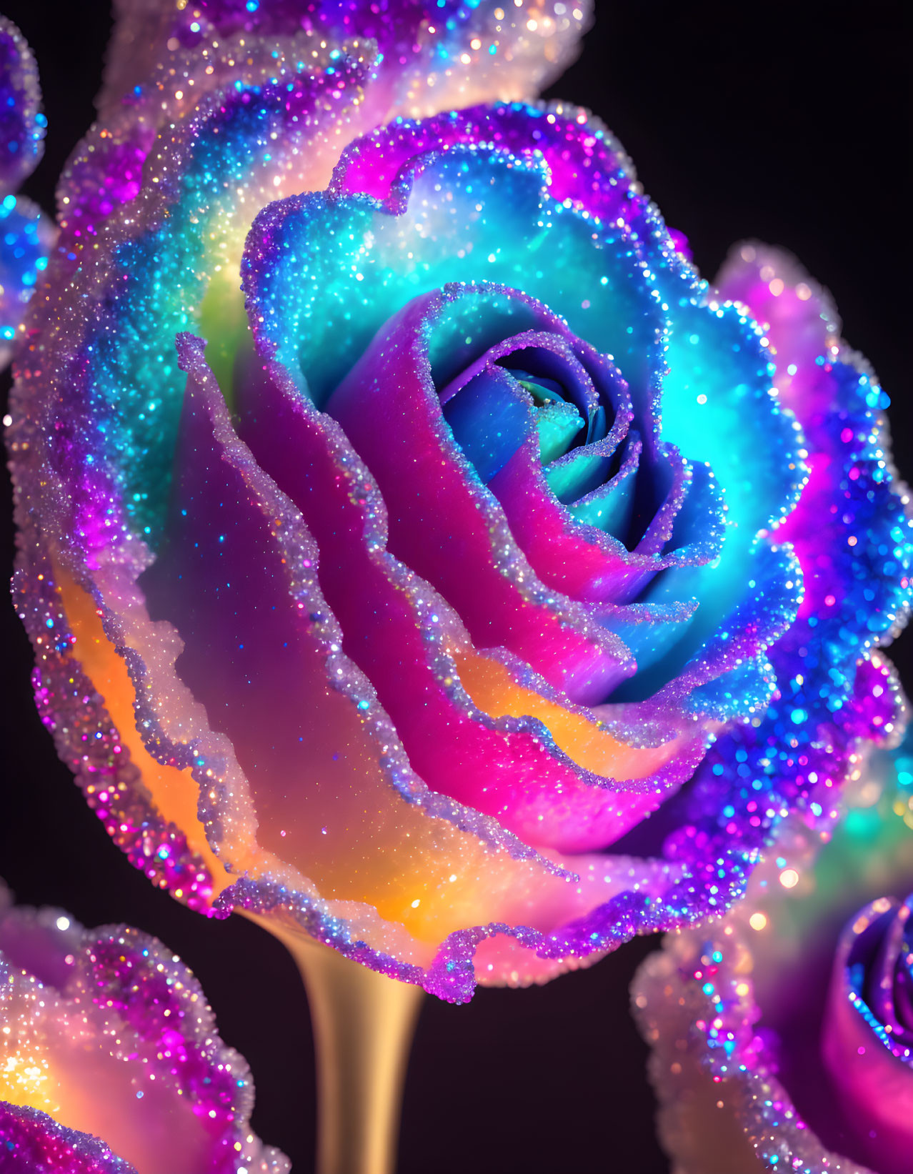 Close-Up Glittery Multi-Colored Rose on Dark Background