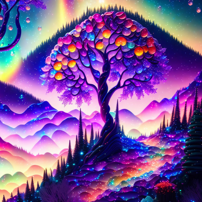 Colorful Spheres Tree in Neon Mountain Landscape