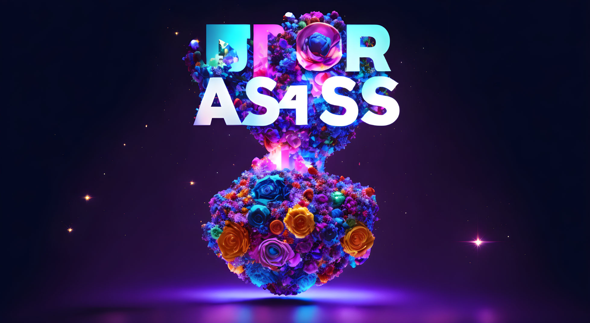 Colorful 3D artwork: "JR AS4SS" letters above vibrant planet with flowers on