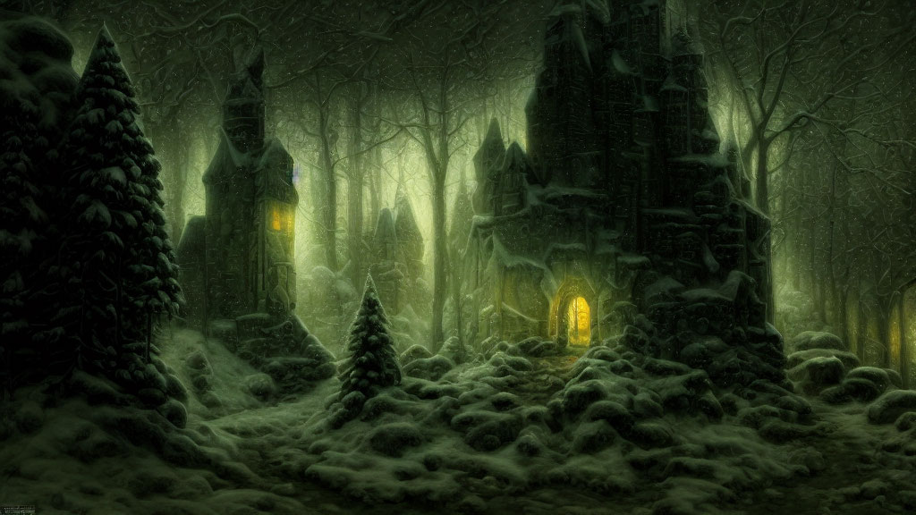 Snowy Forest with Gothic Structures in Dimly Lit Setting