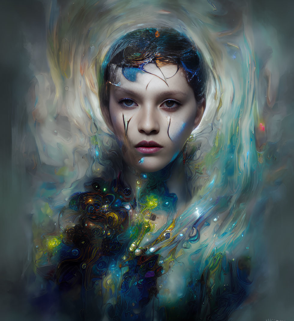 Colorful surreal portrait with striking eyes and feather-like textures