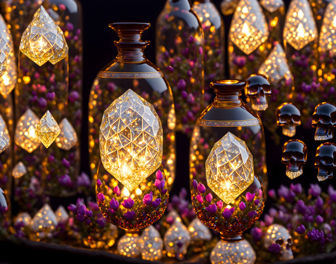 Geometric patterned vases with golden rims and purple flowers on dark background