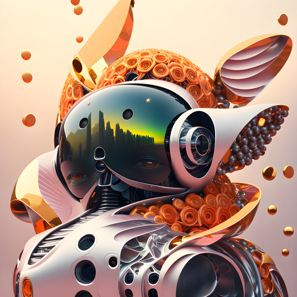 Surreal digital artwork: humanoid figure, glossy mechanical look, orb-like structures, abstract shapes,