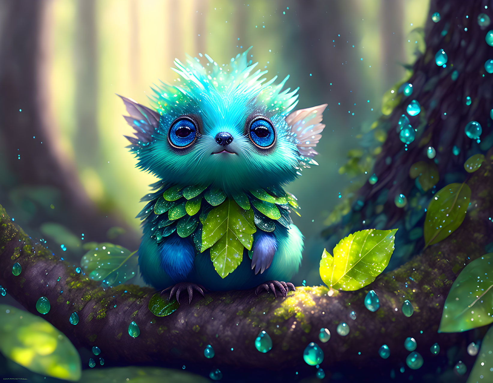 Blue-furred creature with large eyes in enchanted forest