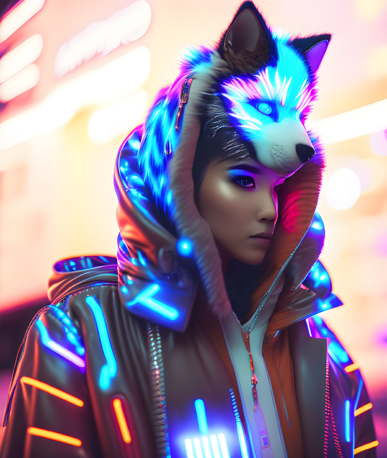 Futuristic neon-lit hoodie with digital wolf overlay blending human and animal features