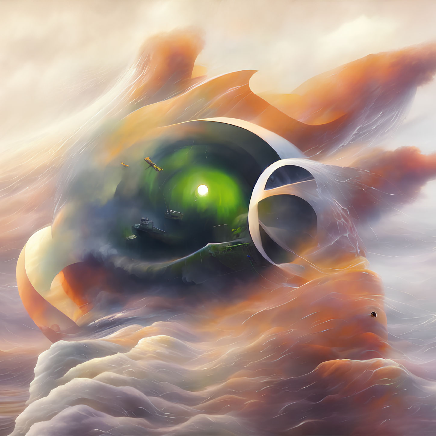 Giant eye in clouds with ships, fiery orange tones swirling into green iris.