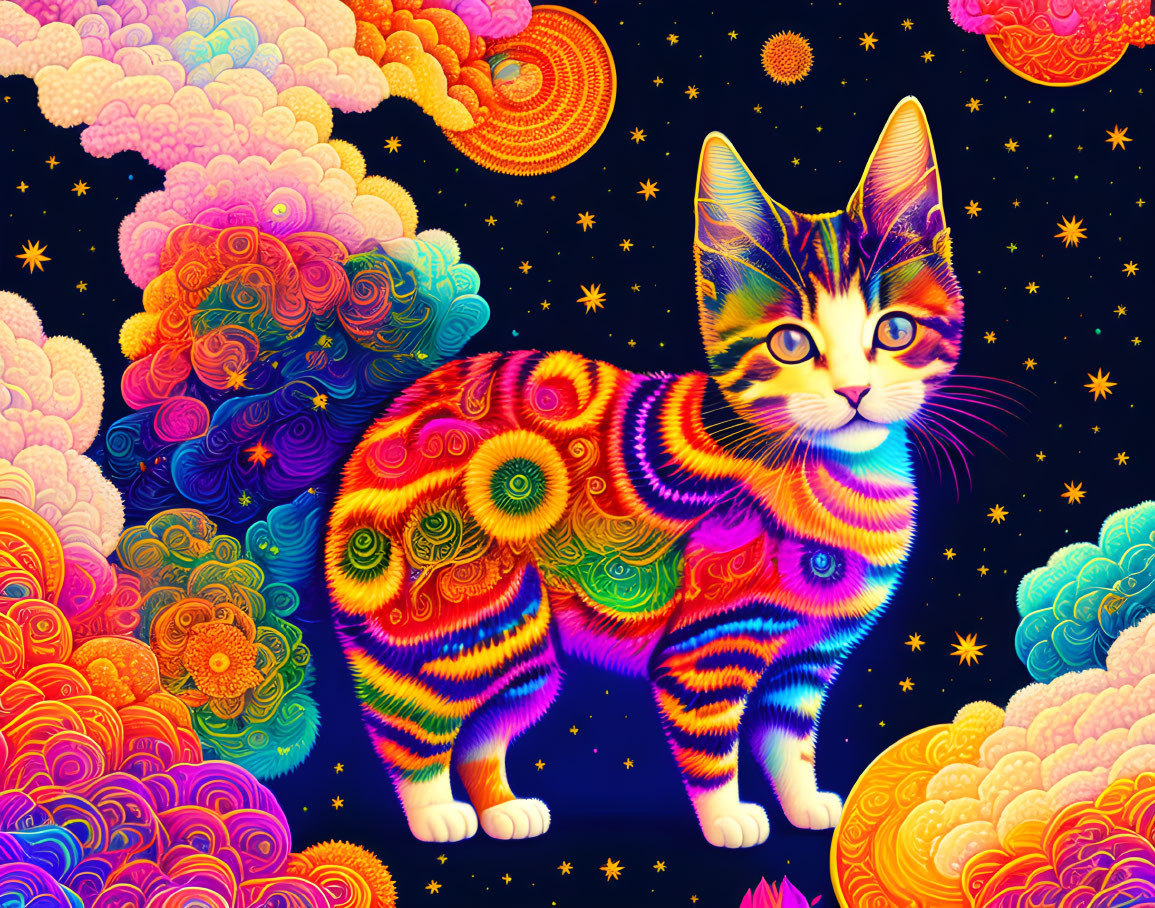 Colorful psychedelic cat art against starry sky backdrop