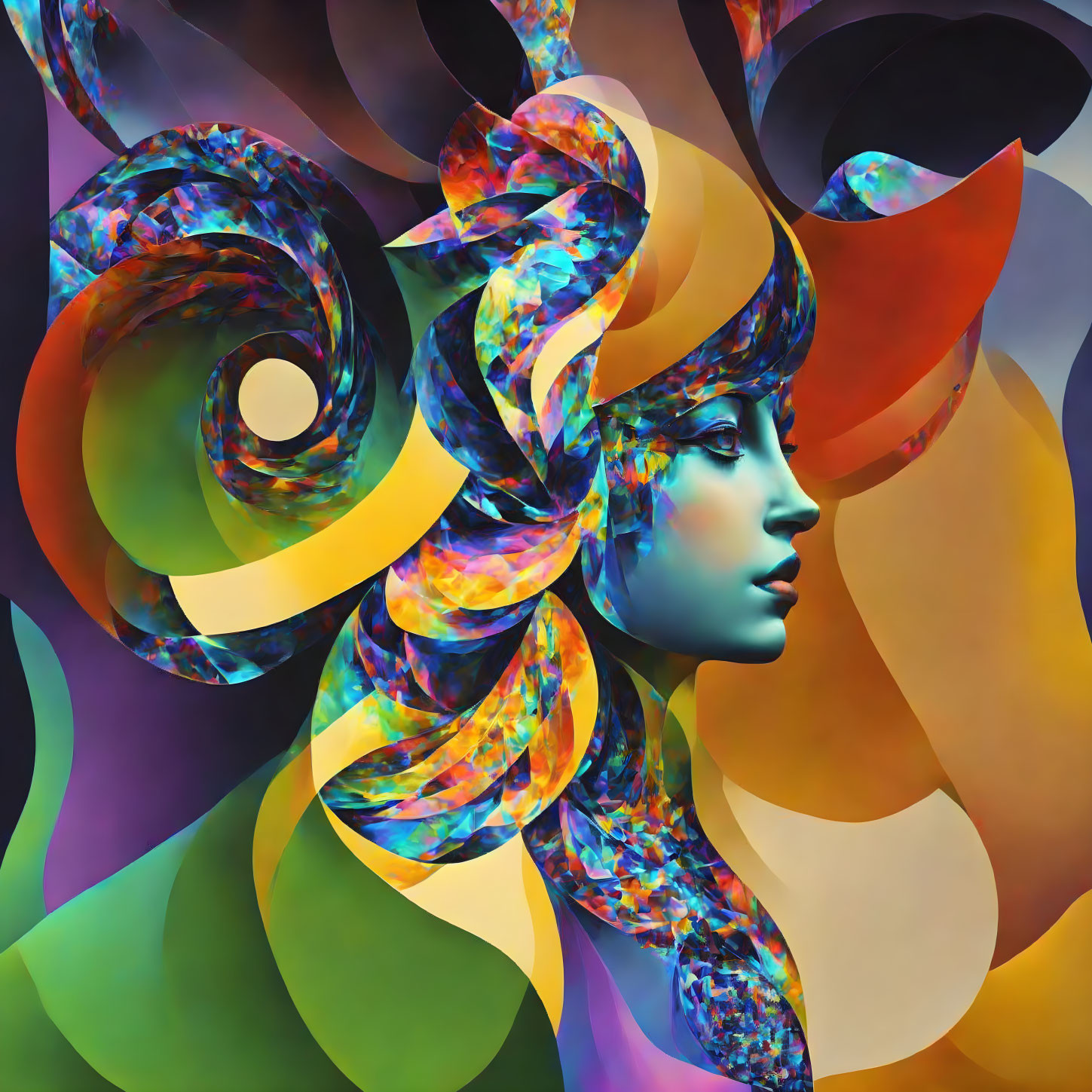 Colorful digital art of woman's profile with swirling patterns.